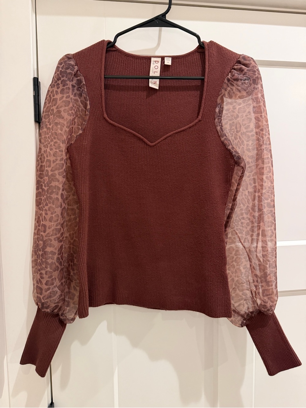 Anthropologie Dolan Ribbed Knit Top with Sheer Puff Sleeves